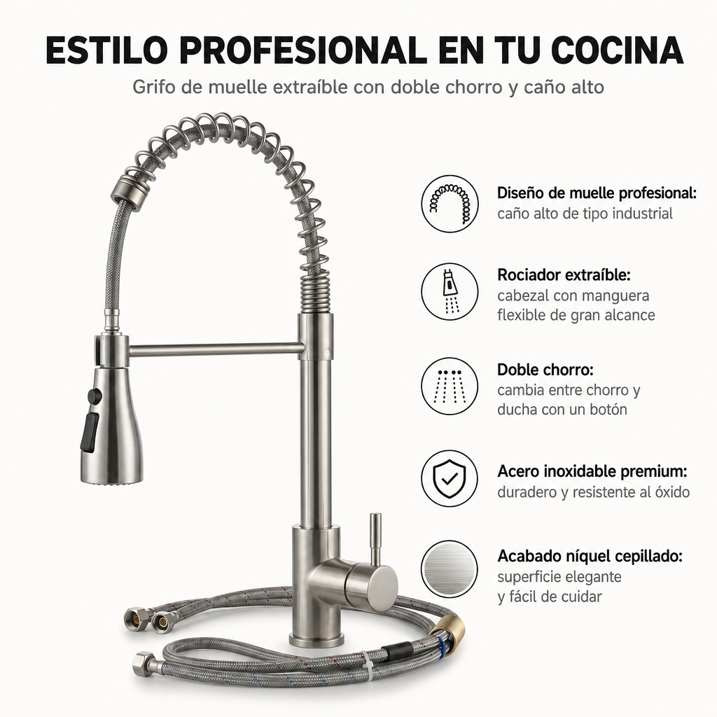 Grifo De Cocina Extraíble 360 Grados Con Ducha Extensible Acero Inoxidable