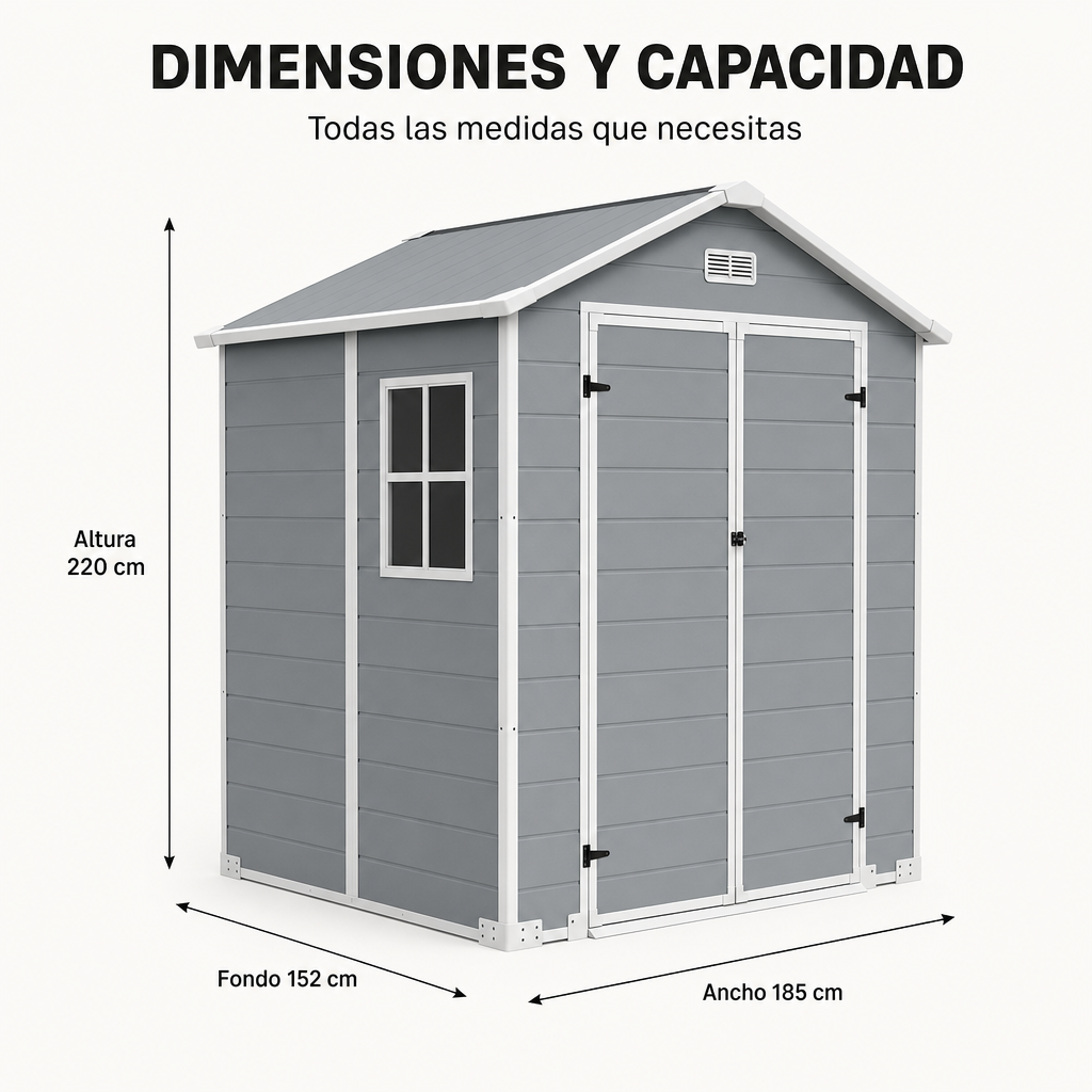 Abri de jardin XL en résine avec fenêtre, double porte, ventilation et fermeture de sécurité