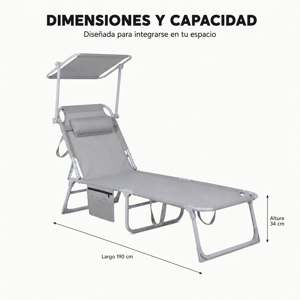 Chaise longue pliante inclinable avec parasol réglable, coussin et poche latérale pour jardin et plage