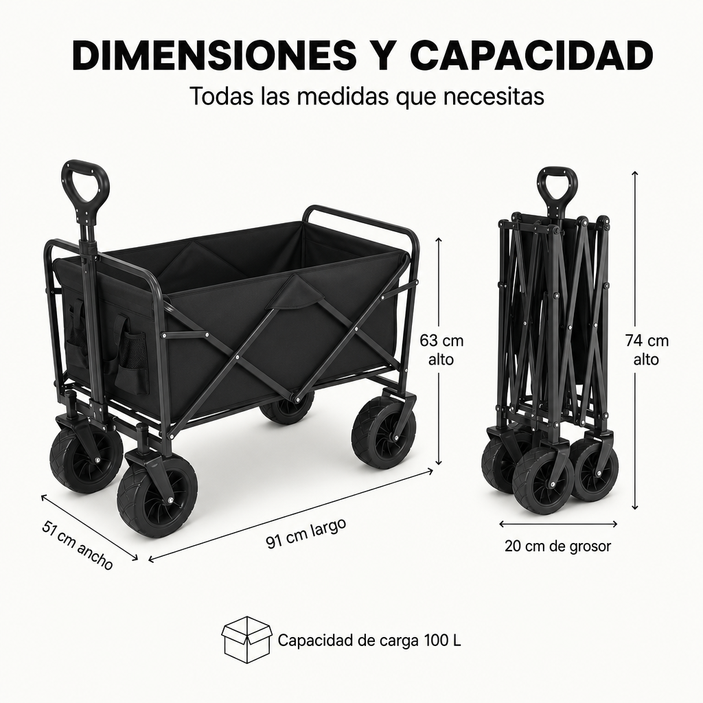 Carrello Pieghevole XXL Struttura Rinforzata Ruote Fuoristrada