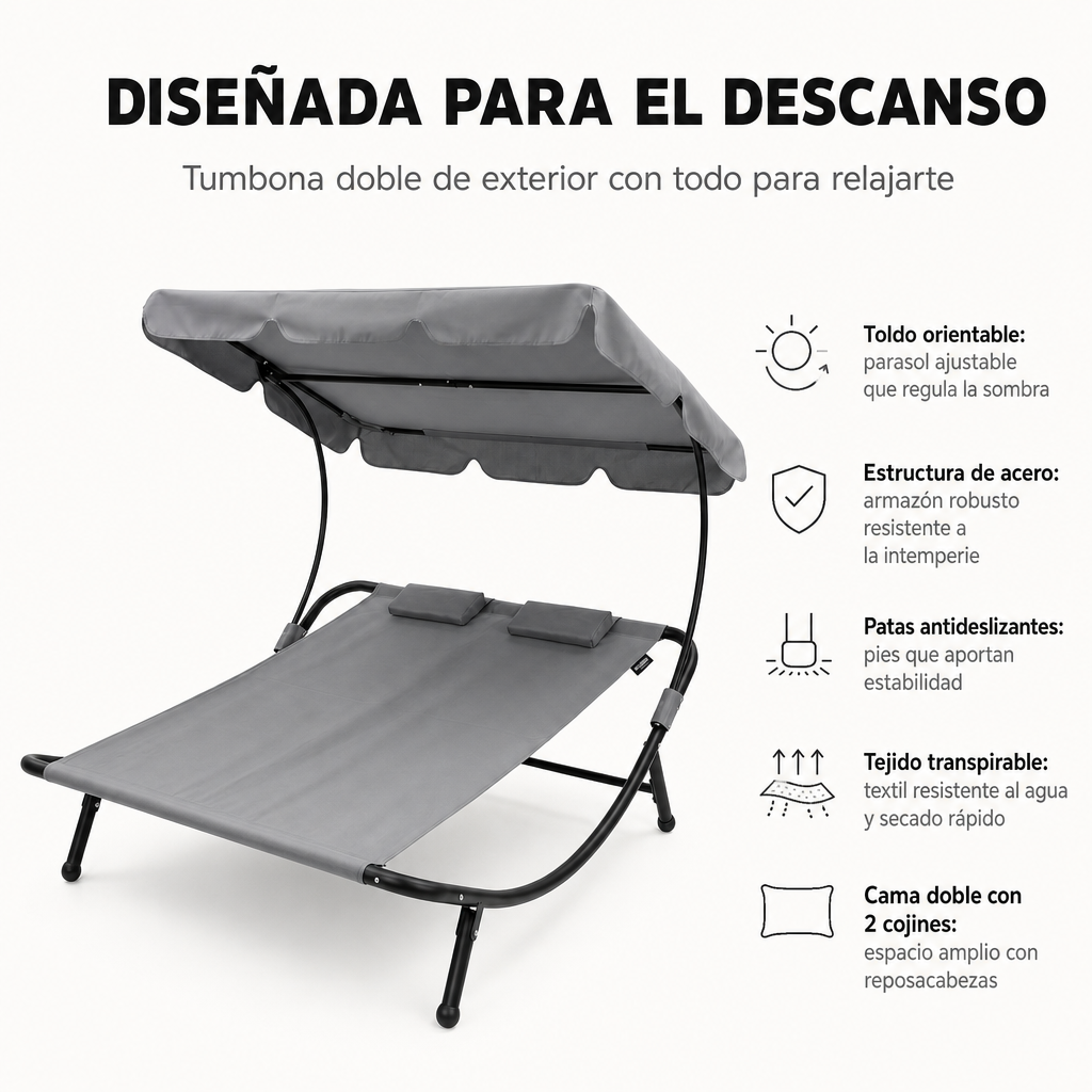 Chaise longue double de jardin type balançoire pour 2 personnes avec parasol réglable, coussins, roues et structure en acier gris 195x185x175 cm