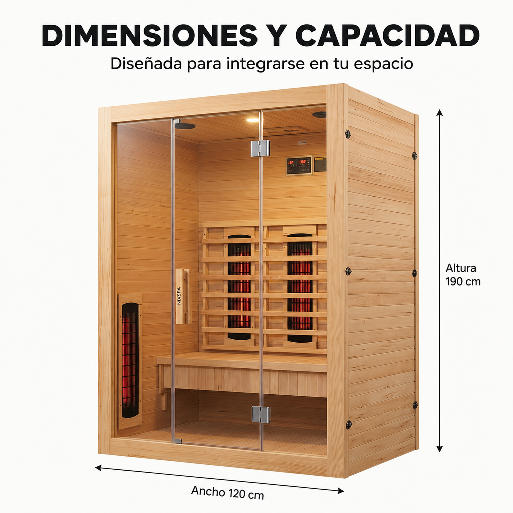 Sauna infrarouge 3 personnes en bois massif avec 6 panneaux, Bluetooth et porte panoramique
