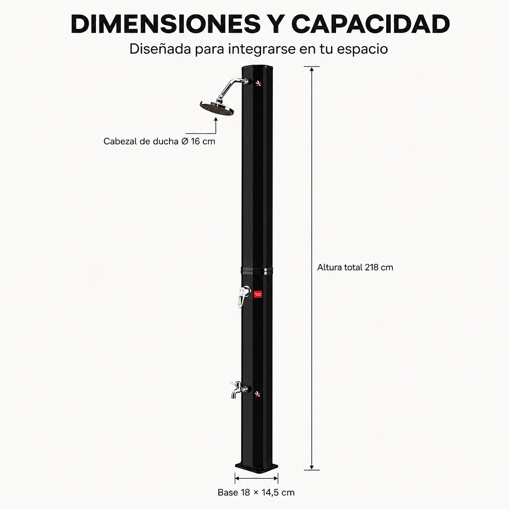 Douche solaire extérieure pour jardin et piscine avec robinet lave-pieds et douchette orientable noir/argenté