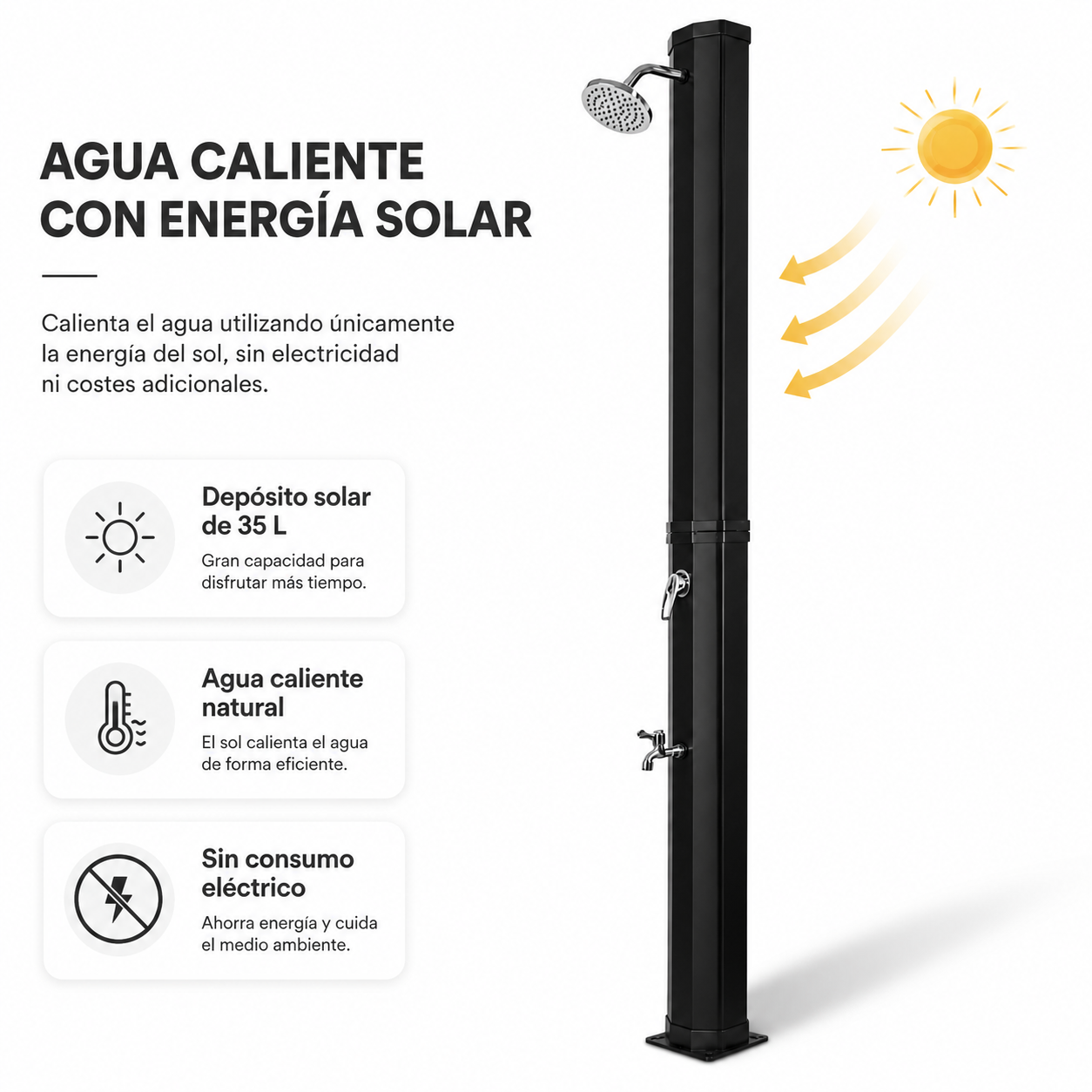 Außendusche Solar 35L für Garten und Pool mit Fußwaschhahn und Brause in Schwarz/Silber