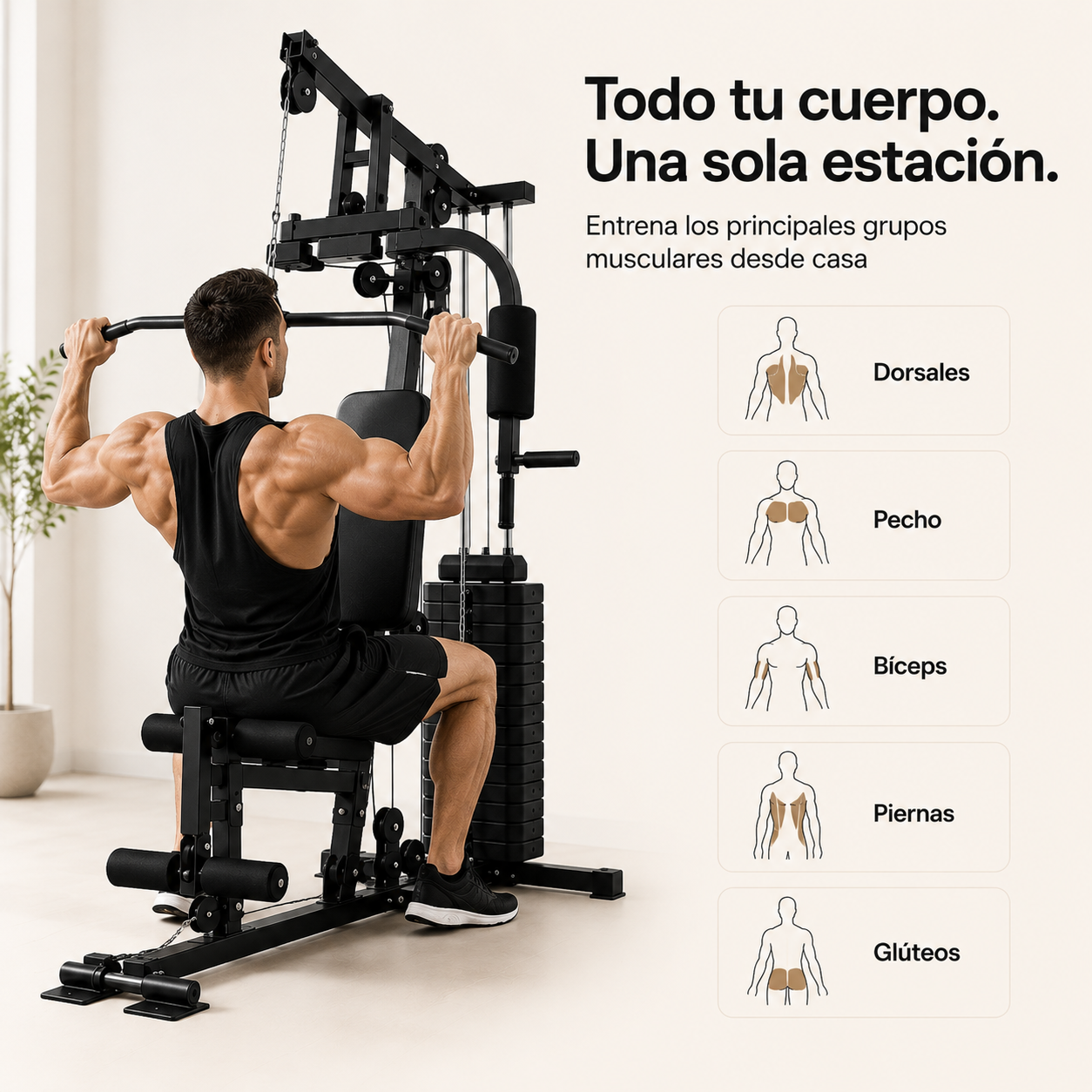Estación de Musculación Multifunción con Poleas y Banco Ergonómico