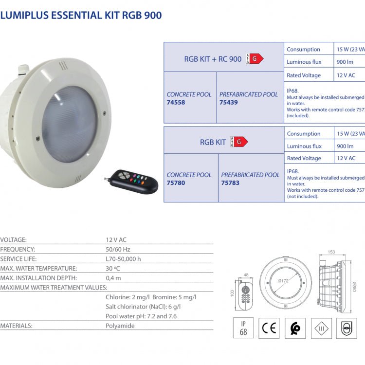 Astralpool - Kit proyector LED LumiPlus Essential PAR56 RGB 900 lm piscina prefabricada - BricoandPool