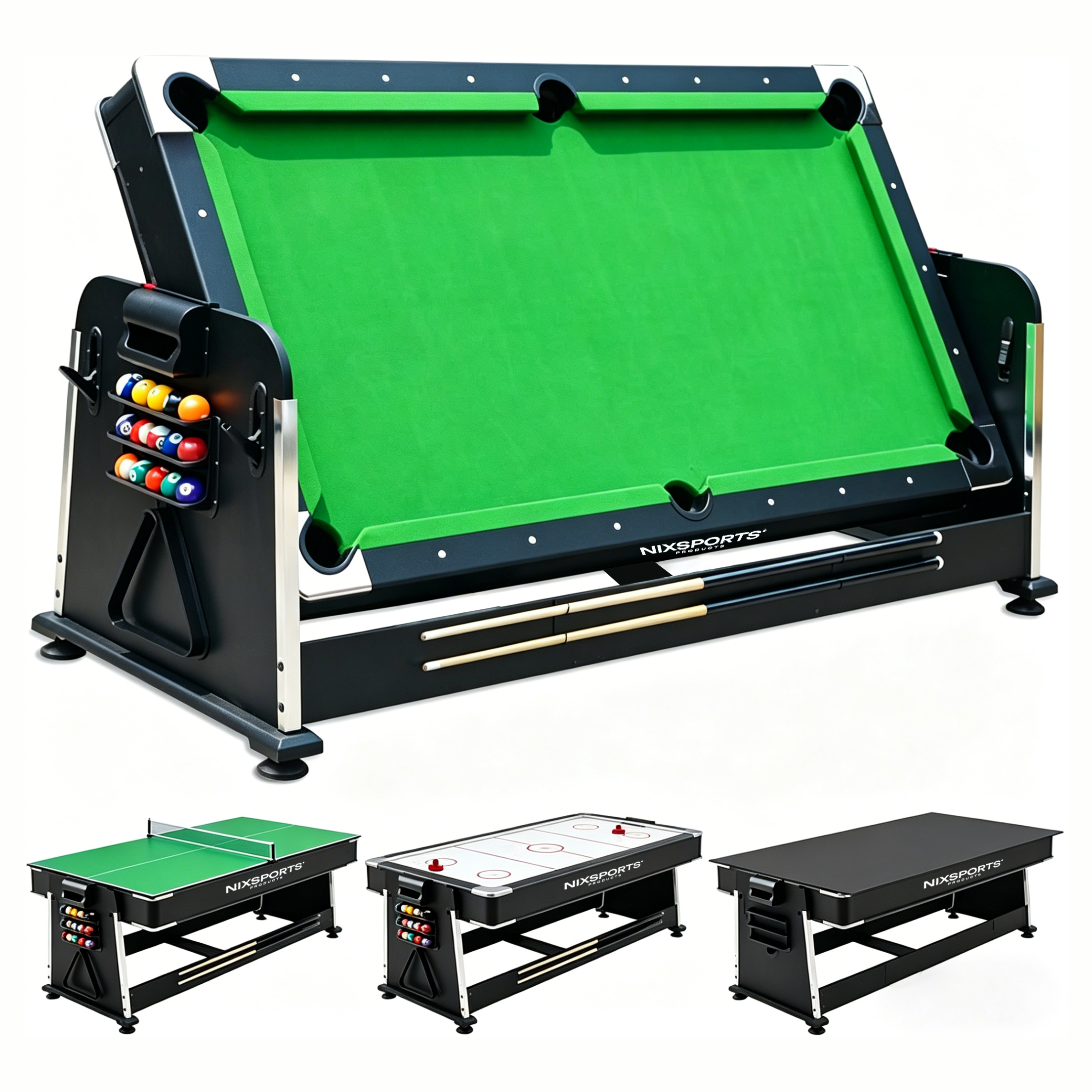 Multispieltisch 3 in 1, umwandelbar zwischen Billard, Air Hockey und Tischtennis, 210 cm