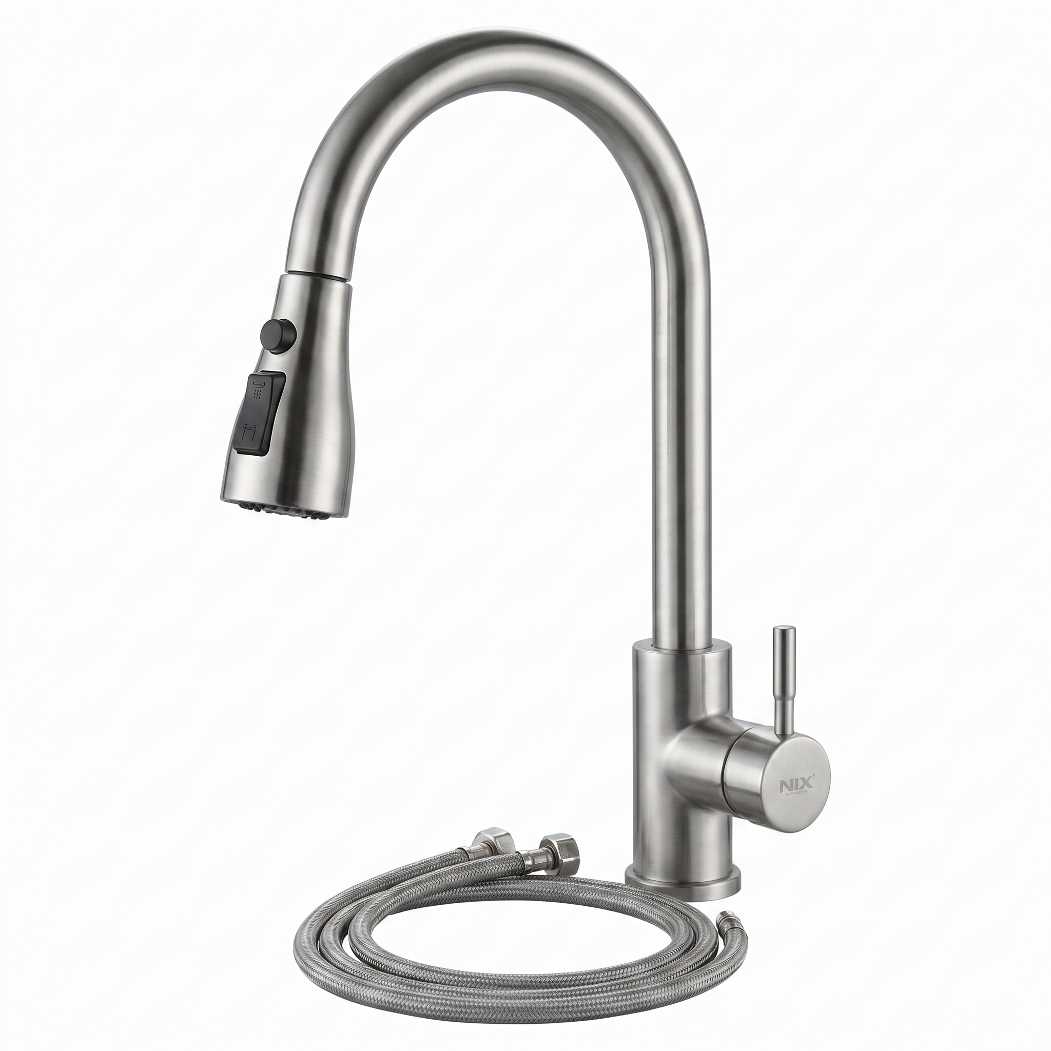 Robinet de cuisine extractible monocommande en acier inoxydable avec bec haut pivotant à 360° et double fonction eau