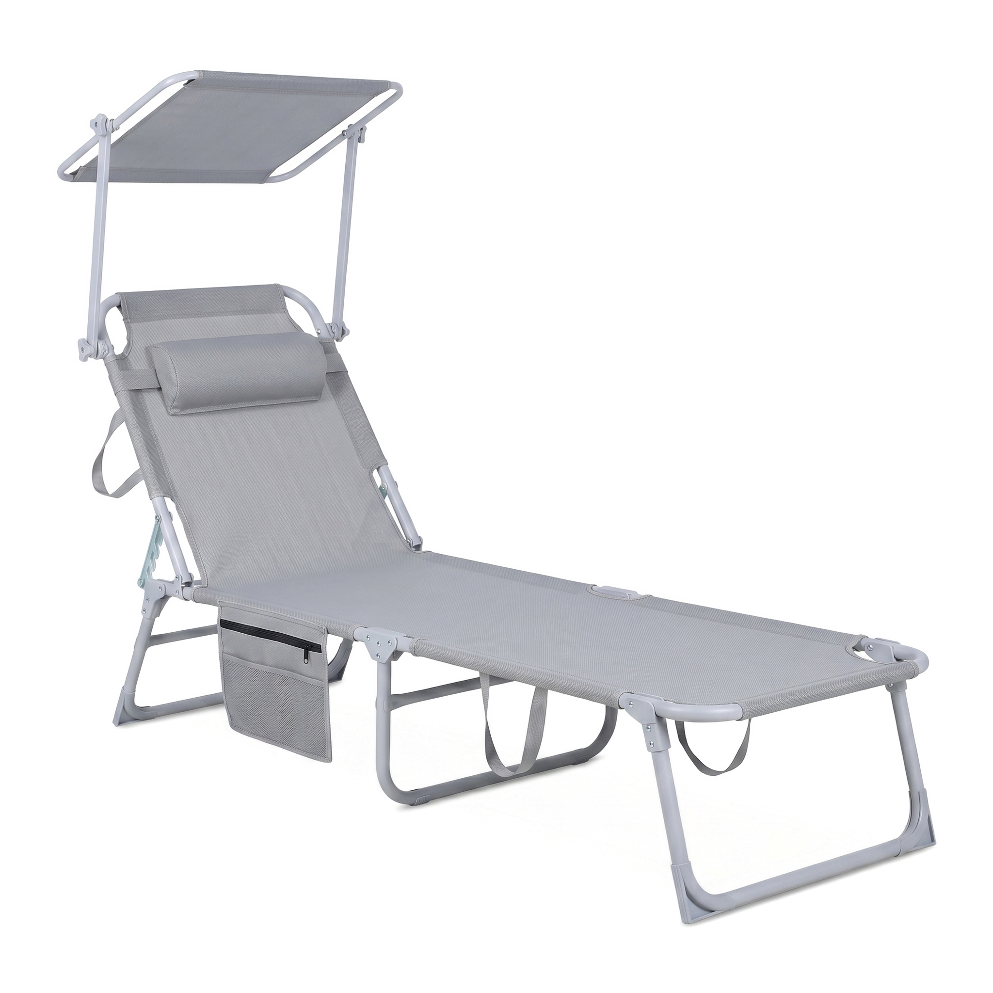 Chaise longue pliante inclinable avec parasol réglable, coussin et poche latérale pour jardin et plage