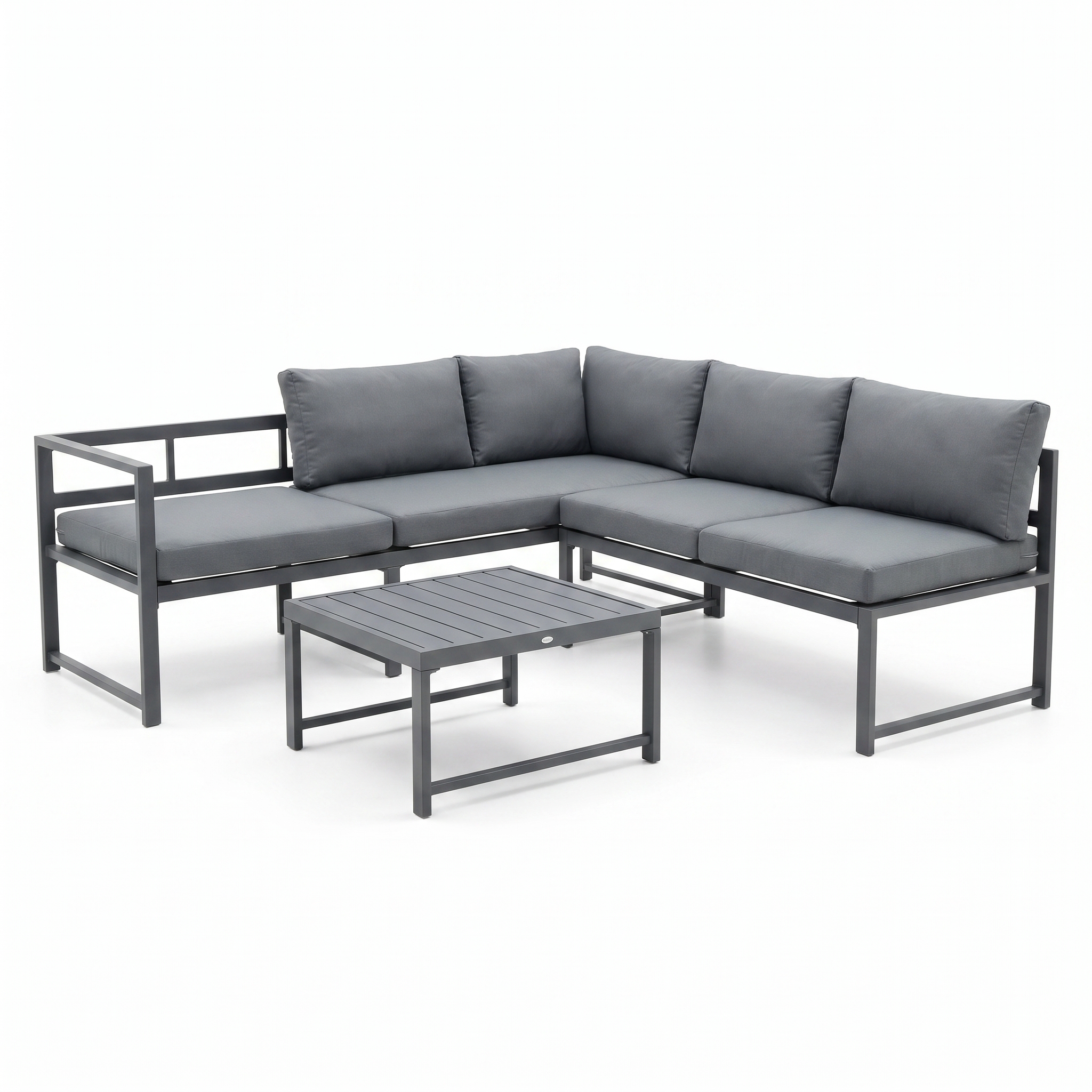 Conjunto de jardim em alumínio antracite com sofá modular de canto, mesa e almofadas para terraço e exterior