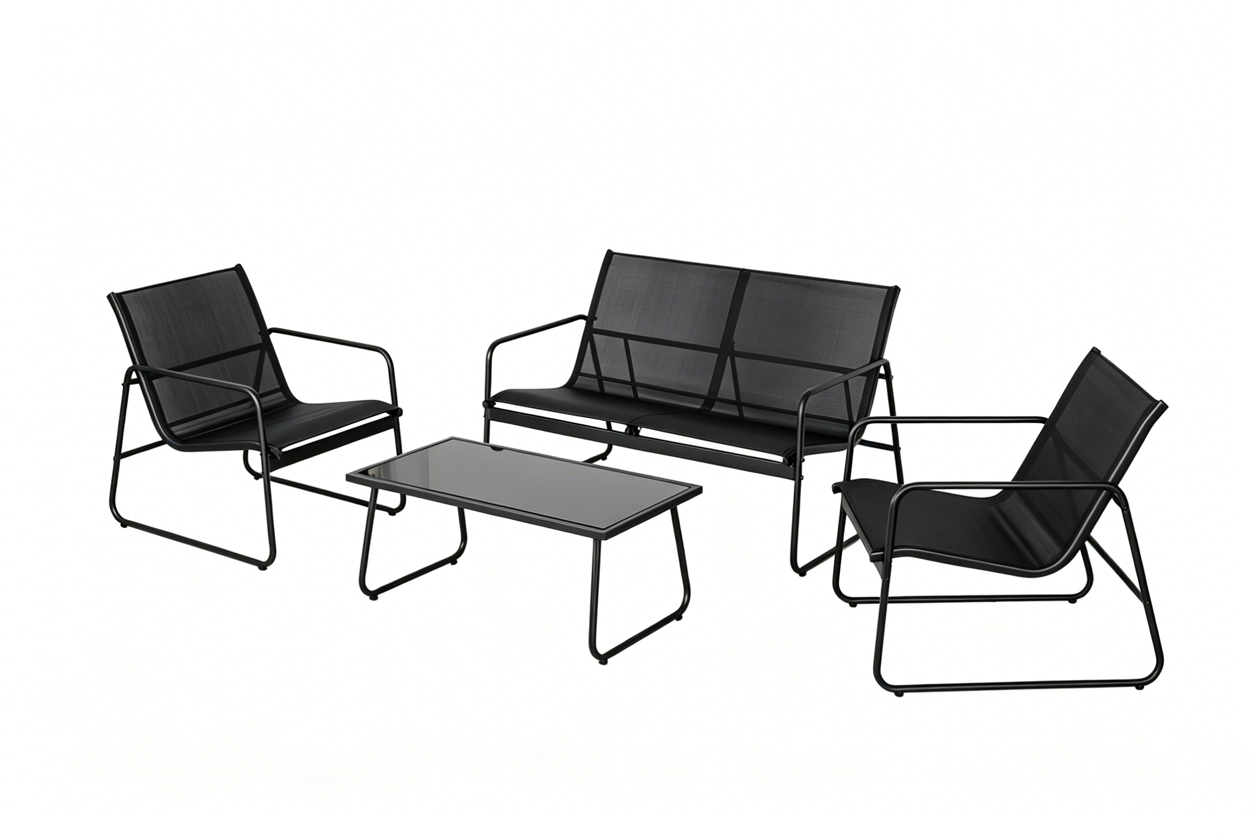 Conjunto de jardim exterior em aço e textilene com sofá de 2 lugares, 2 poltronas e mesa de vidro preta