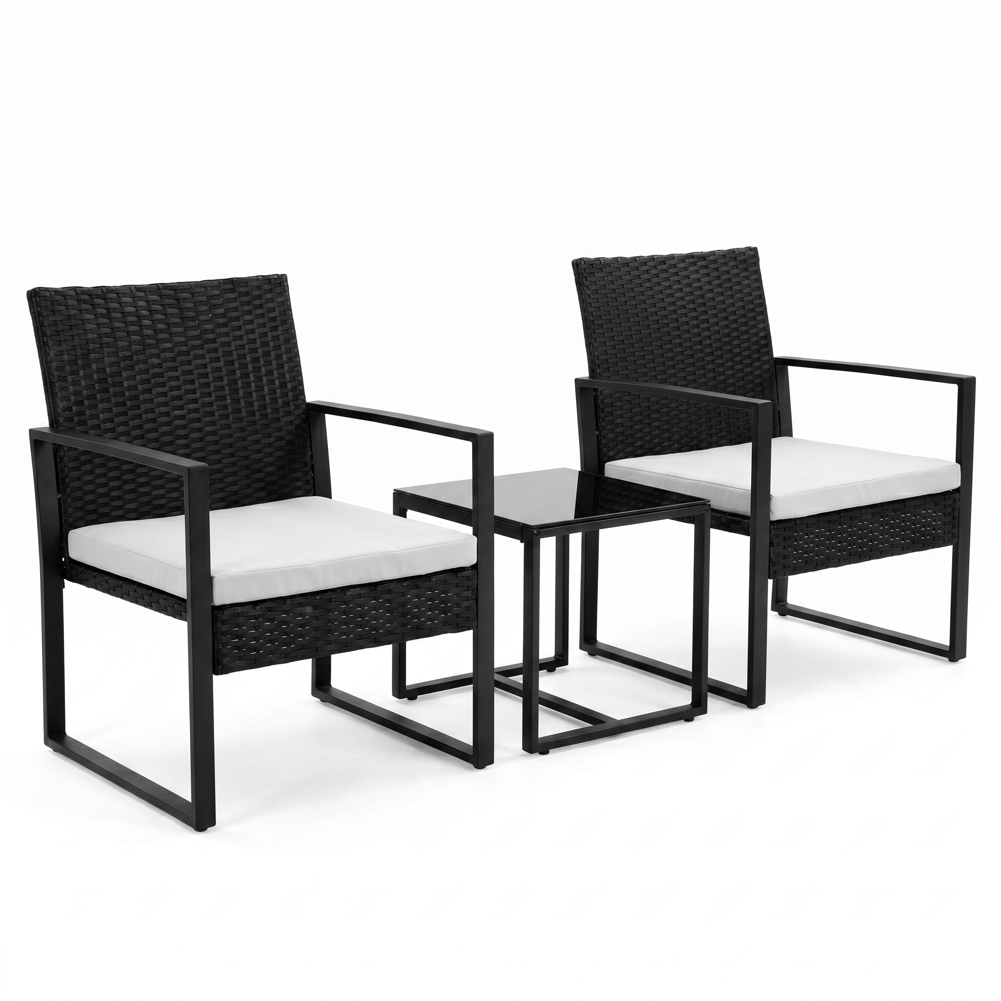Conjunto de jardim exterior em rattan PE de 3 peças com mesa auxiliar e almofadas acolchoadas para terraço, varanda e pátio