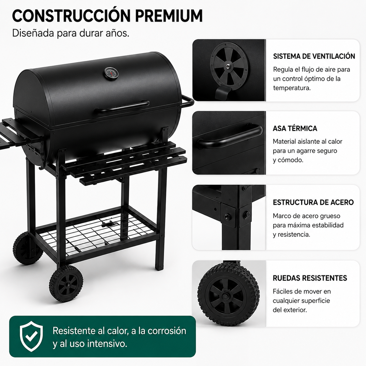Barbecue au charbon avec couvercle et ventilation réglable pour jardin avec roues