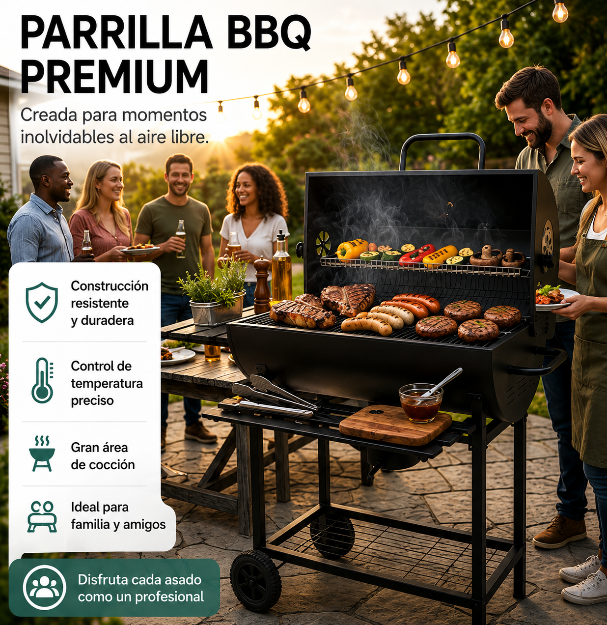 Barbecue au charbon avec couvercle et ventilation réglable pour jardin avec roues
