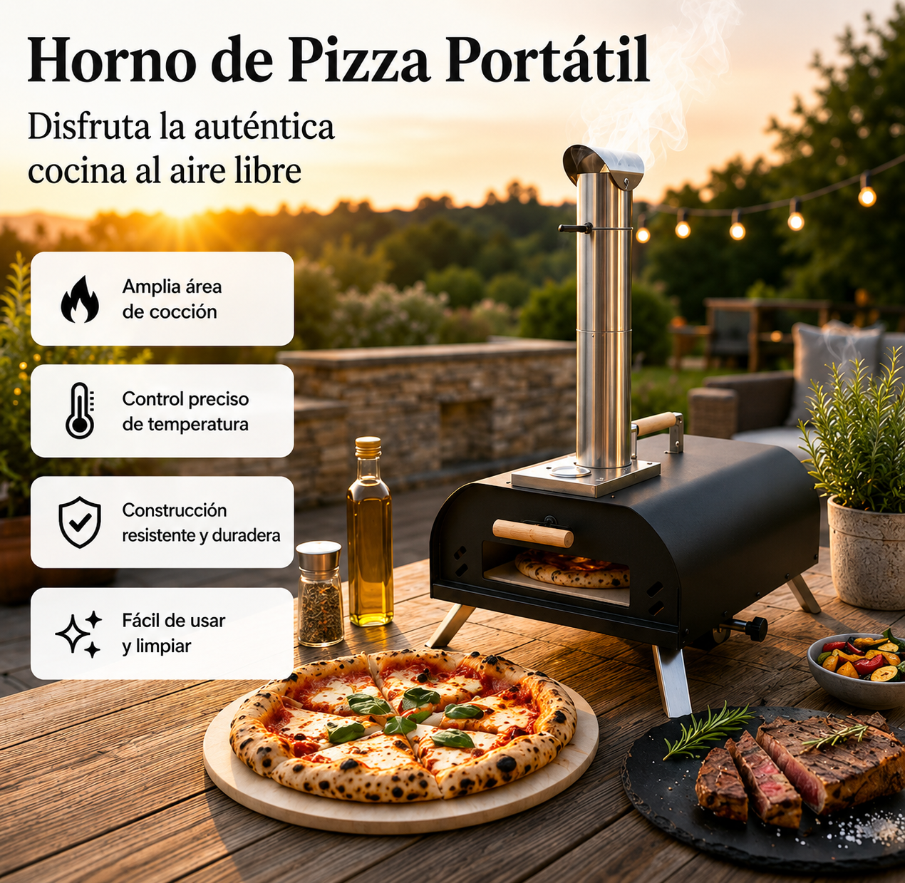 Four à pizza portable au charbon avec cheminée et thermomètre intégré