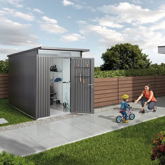 Biohort – AvantGarde Eco Caseta metálica de jardín con techo en atril en color Gris cuarzo metálico - BricoandPool