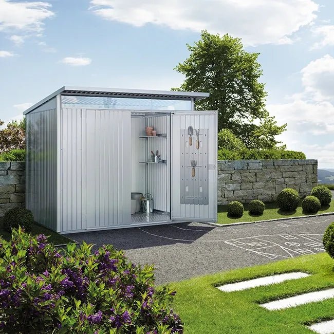 Biohort – AvantGarde Eco Caseta metálica de jardín con techo en atril en color Plata metálica - BricoandPool