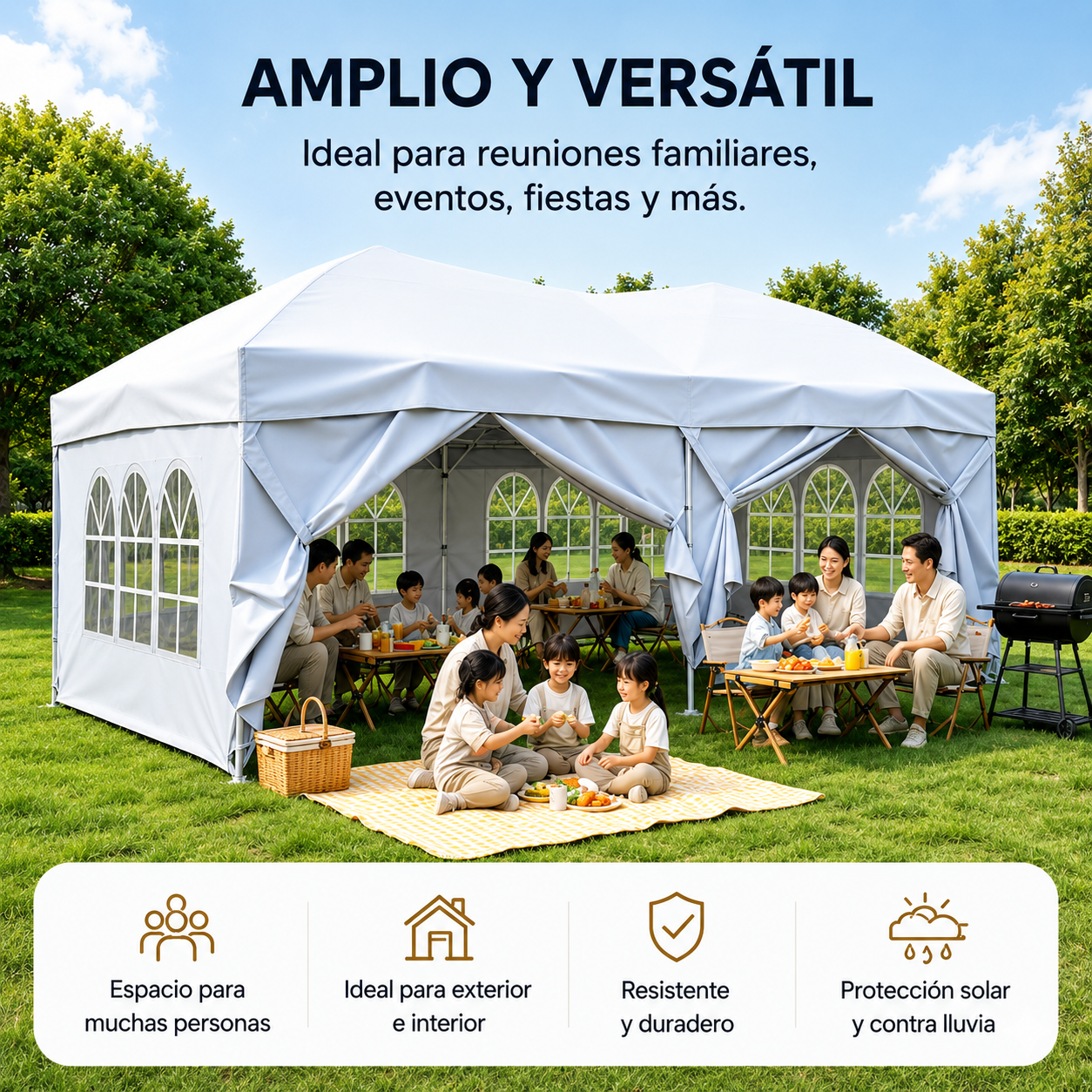 Tenda dobrável 6x3 m com 6 paredes laterais, estrutura reforçada e bolsa de transporte cor branca