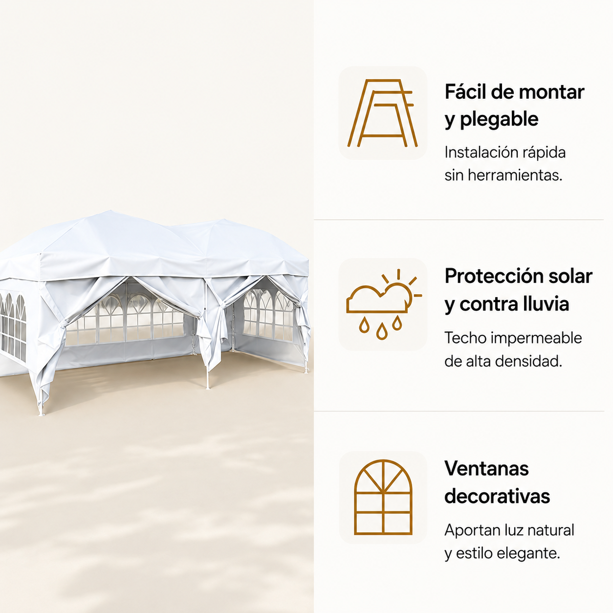 Tenda dobrável 6x3 m com 6 paredes laterais, estrutura reforçada e bolsa de transporte cor branca