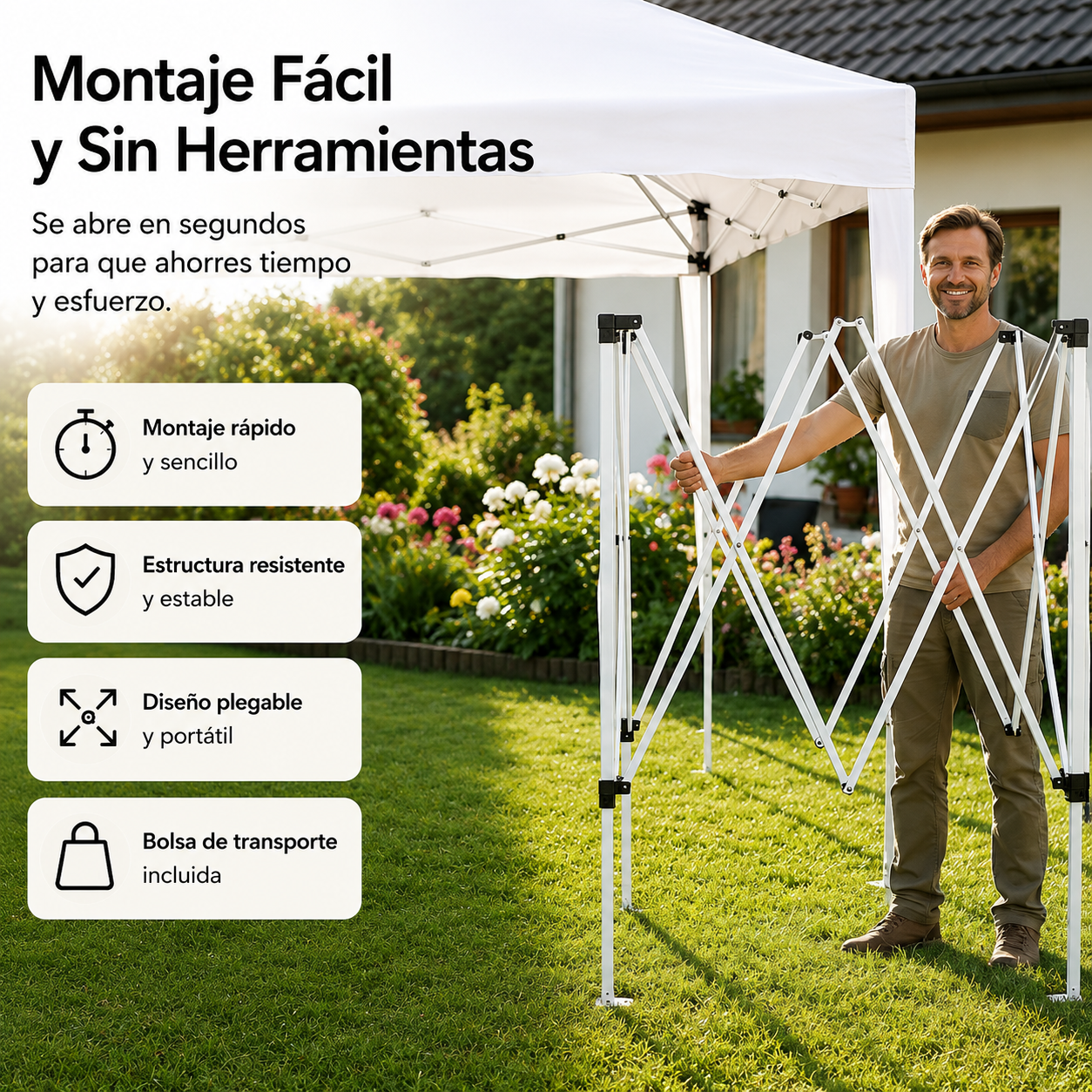 Tenda pieghevole 3x3 m impermeabile con struttura rinforzata, borsa per il trasporto e montaggio rapido colore bianco
