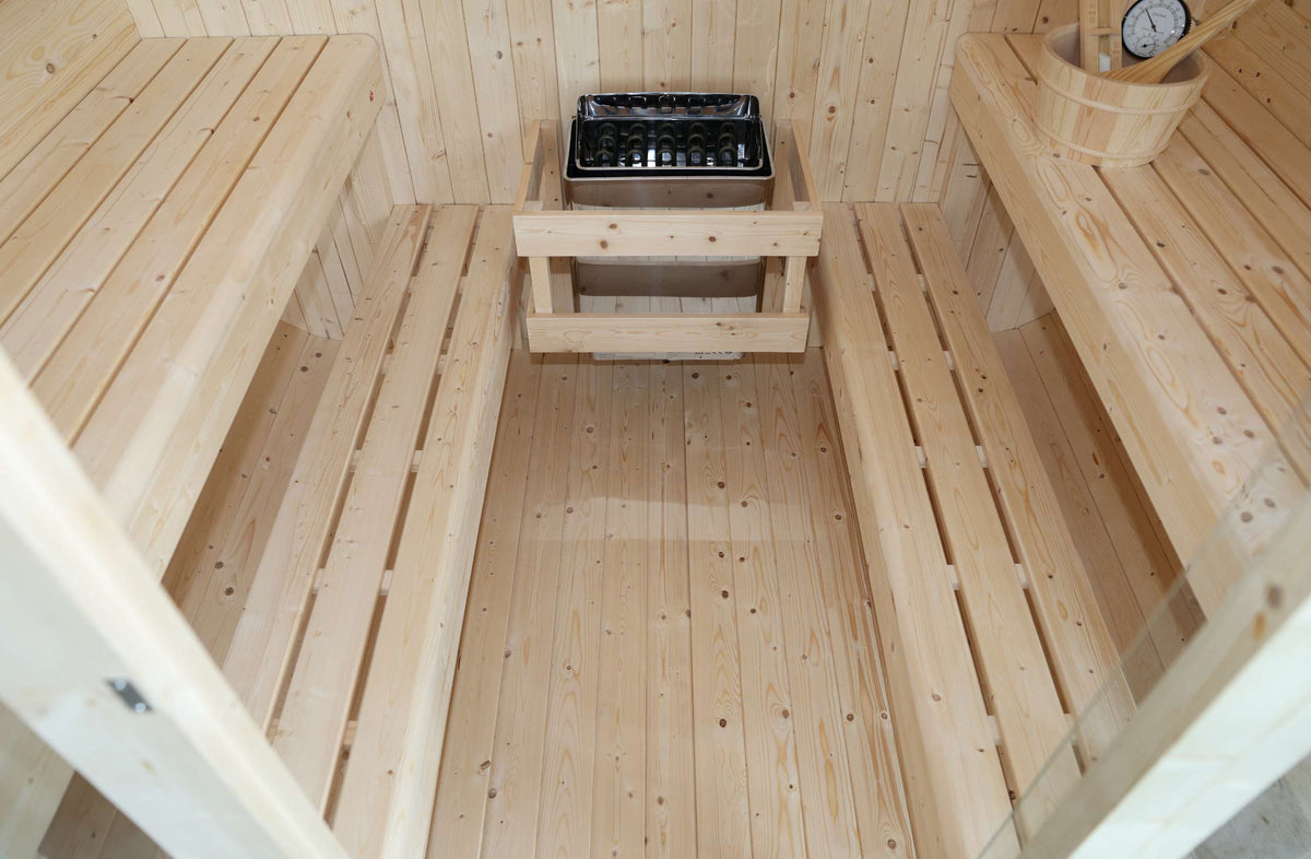 Sauna exterior panorâmica em cubo para jardim para 4-6 pessoas