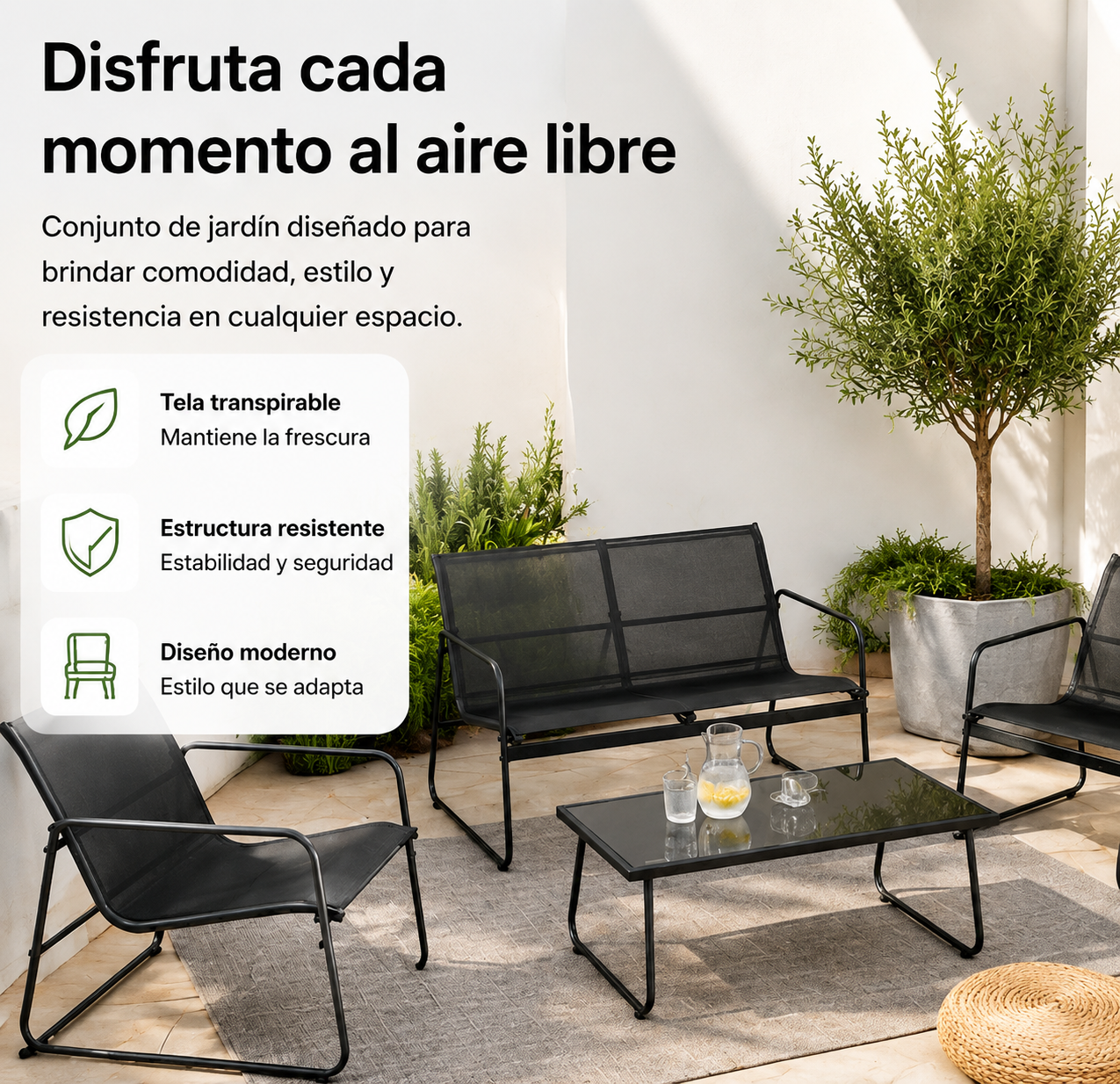 Conjunto de jardim exterior em aço e textilene com sofá de 2 lugares, 2 poltronas e mesa de vidro preta