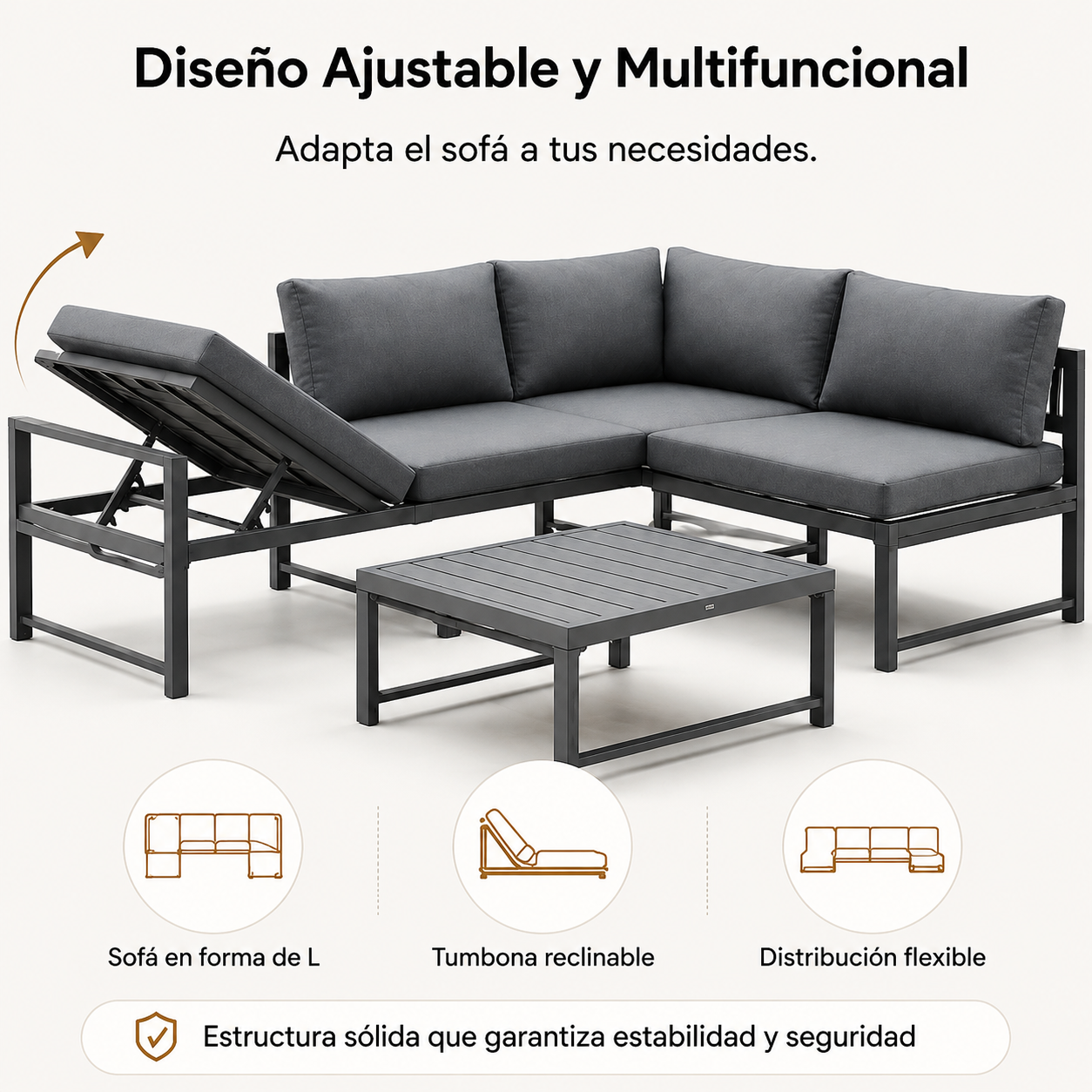 Conjunto de jardim em alumínio antracite com sofá modular de canto, mesa e almofadas para terraço e exterior