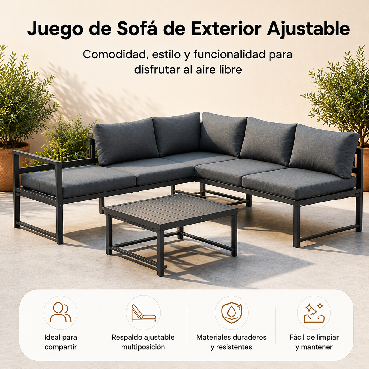 Conjunto de jardim em alumínio antracite com sofá modular de canto, mesa e almofadas para terraço e exterior
