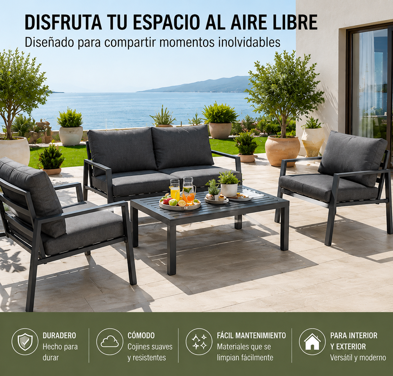 Set da giardino antracite con divano, 2 poltrone e tavolino da esterno per terrazza