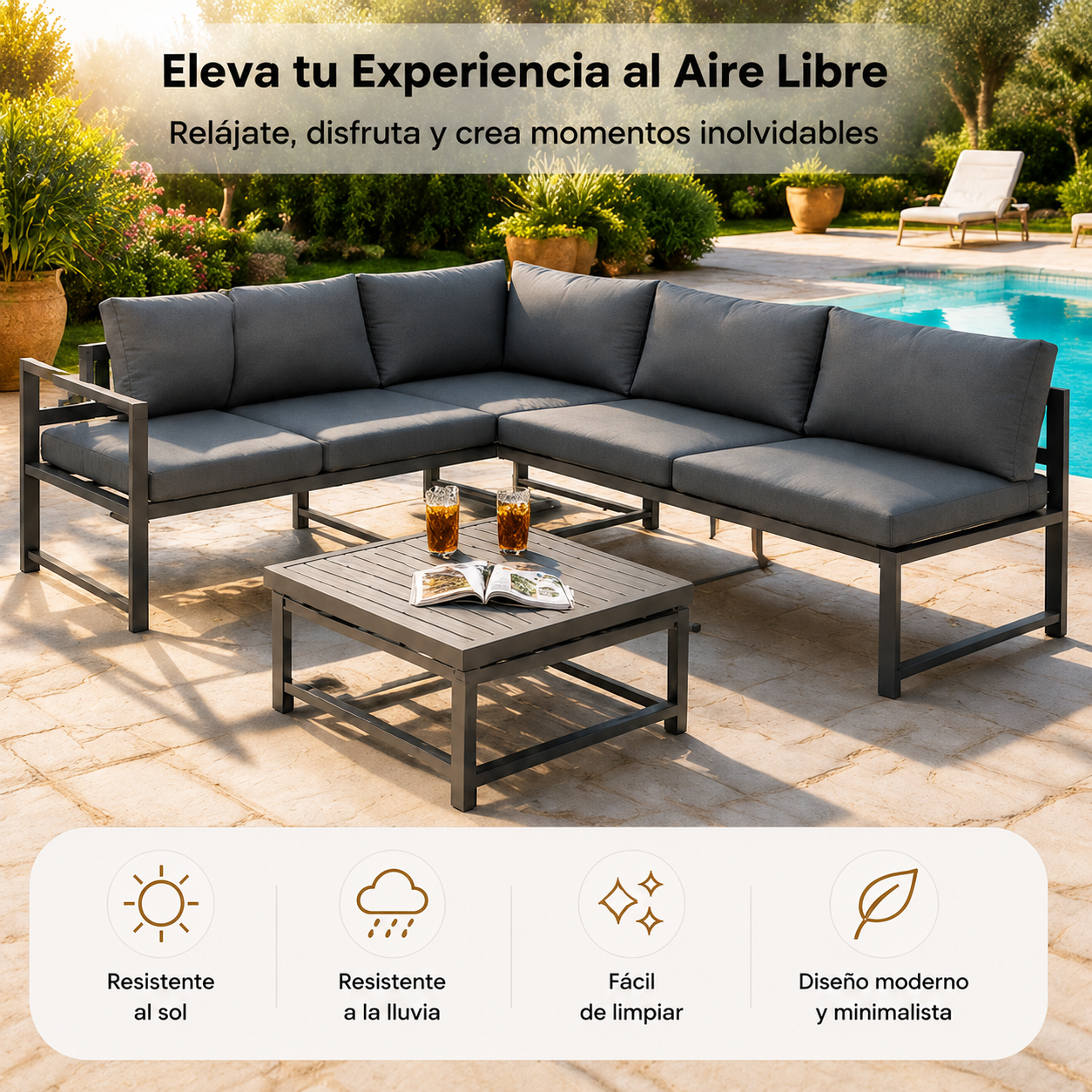 Conjunto de jardim em alumínio antracite com sofá modular de canto, mesa e almofadas para terraço e exterior
