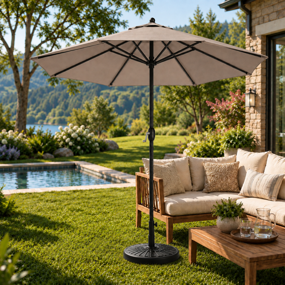 Set 3 m kaki rechte parasol + ronde vulbare voet