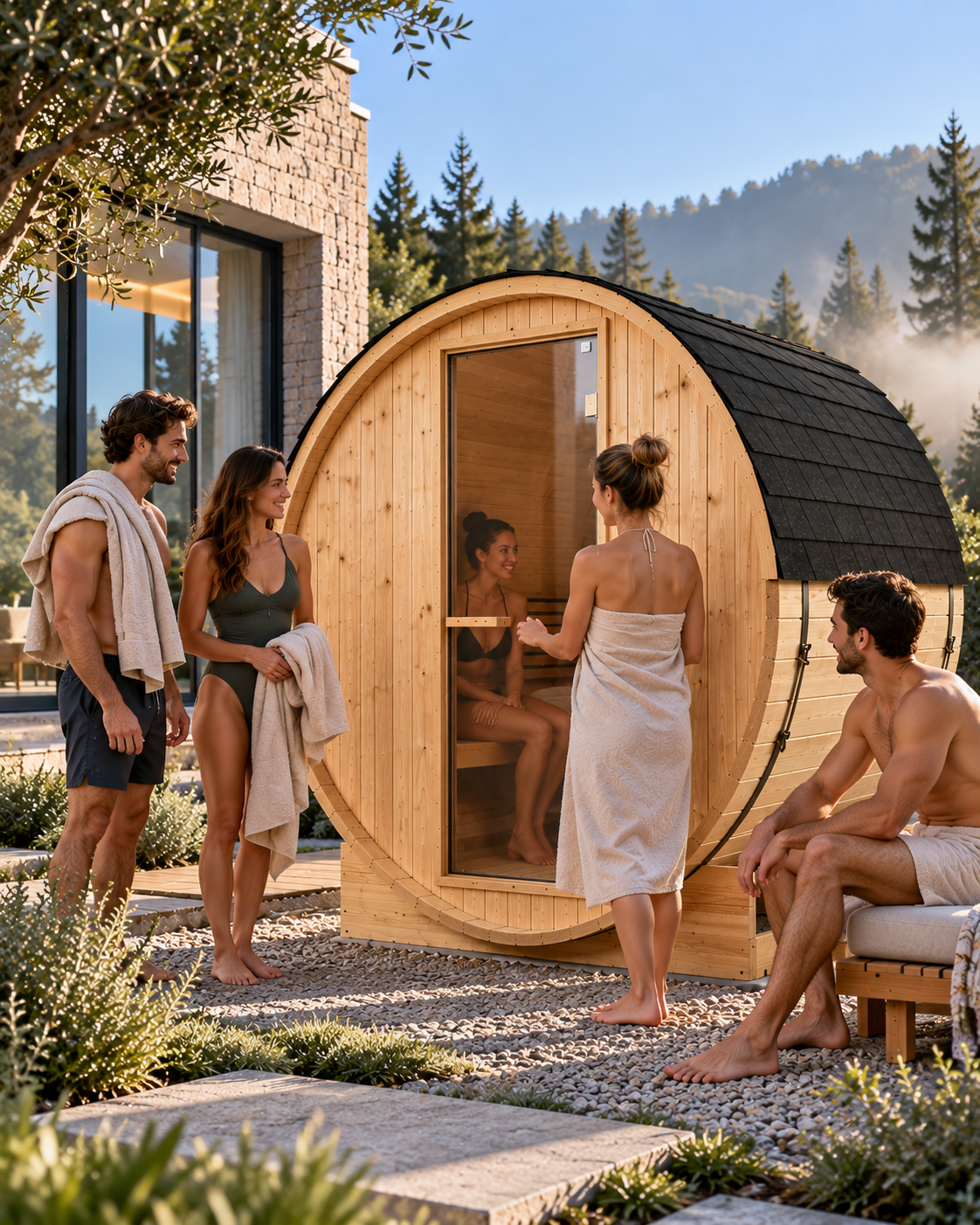 Sauna da esterno a botte per giardino 5-6 posti - ambientazione