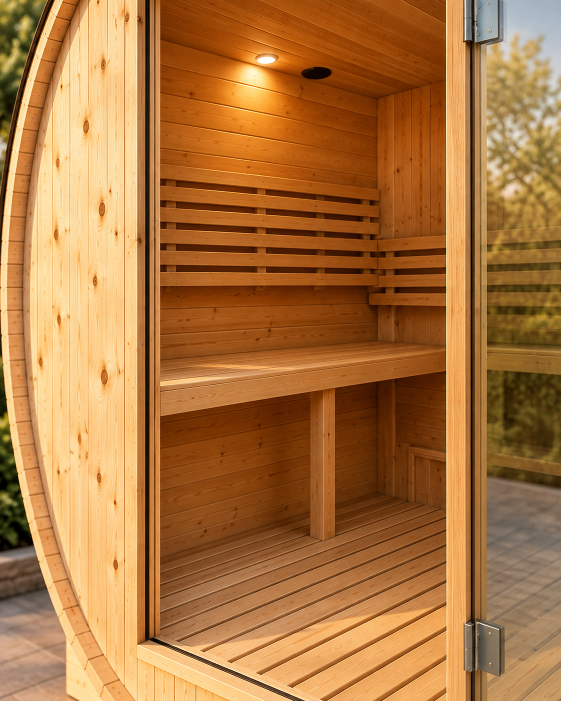 Sauna da esterno a botte per giardino 3-4 posti - dettaglio