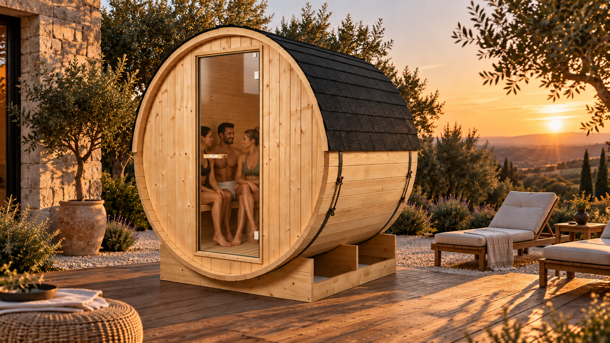 Sauna da esterno a botte per giardino 3-4 posti - ambientazione