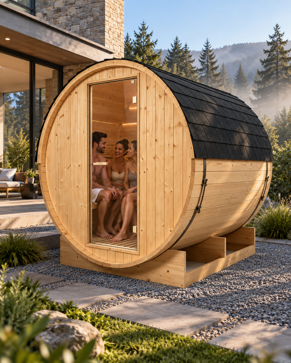 Sauna da esterno a botte per giardino 3-4 posti - ambientazione