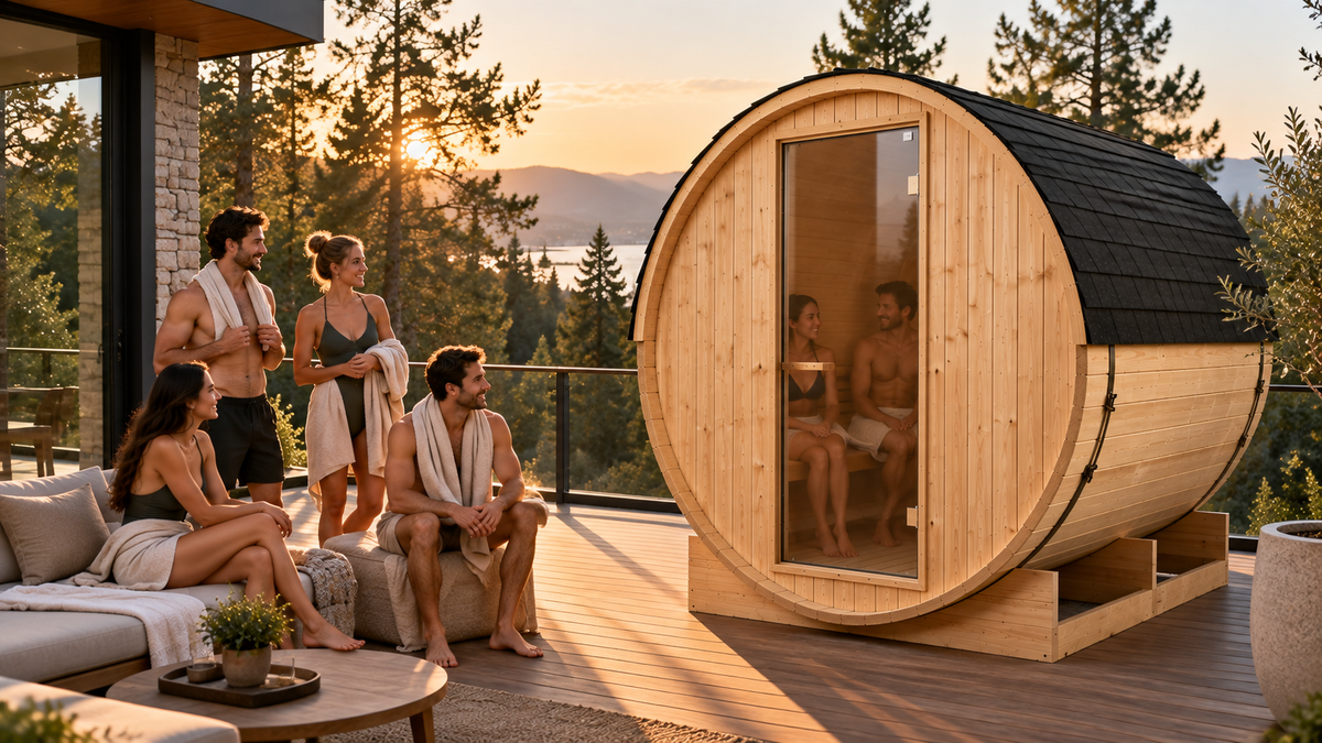 Sauna da esterno a botte per giardino 5-6 posti - ambientazione