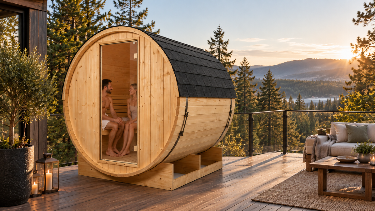 Sauna da esterno a botte per giardino 3-4 posti - ambientazione