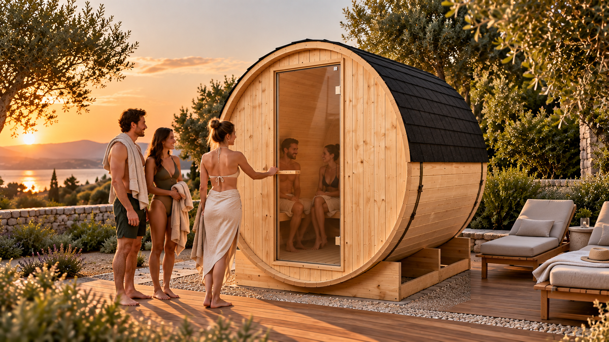 Sauna da esterno a botte per giardino 5-6 posti - ambientazione