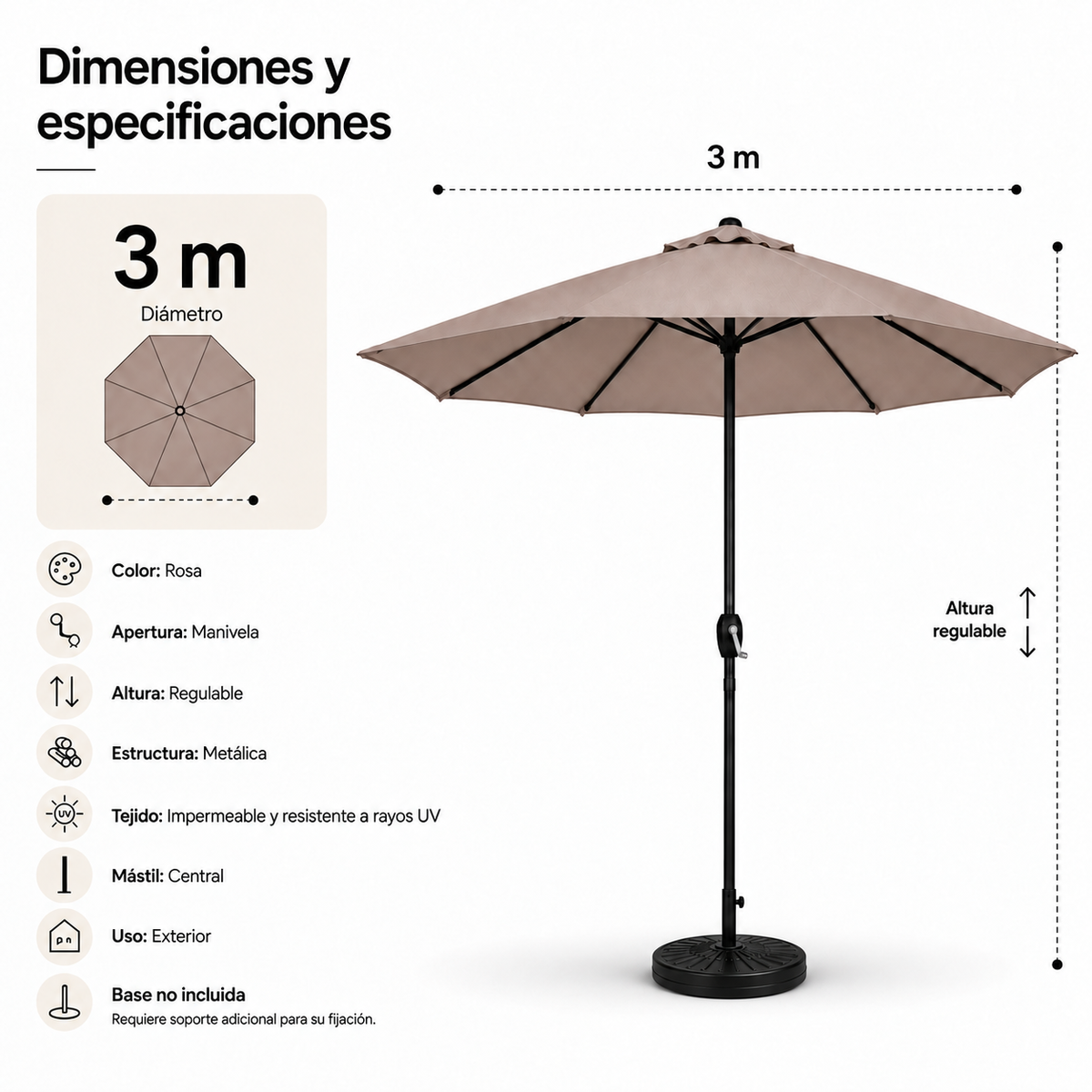 Ombrellone da Giardino 3 Metri Regolabile con Protezione UV