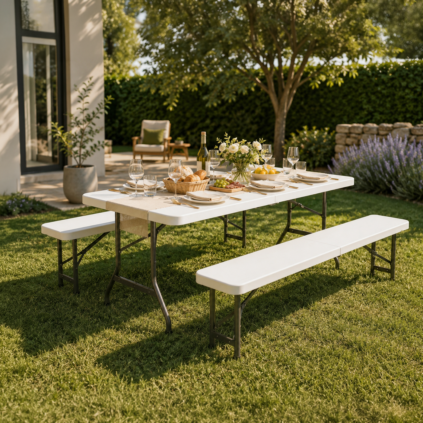 Conjunto mesa dobrável com 2 bancos jardim 180x74x72 cm