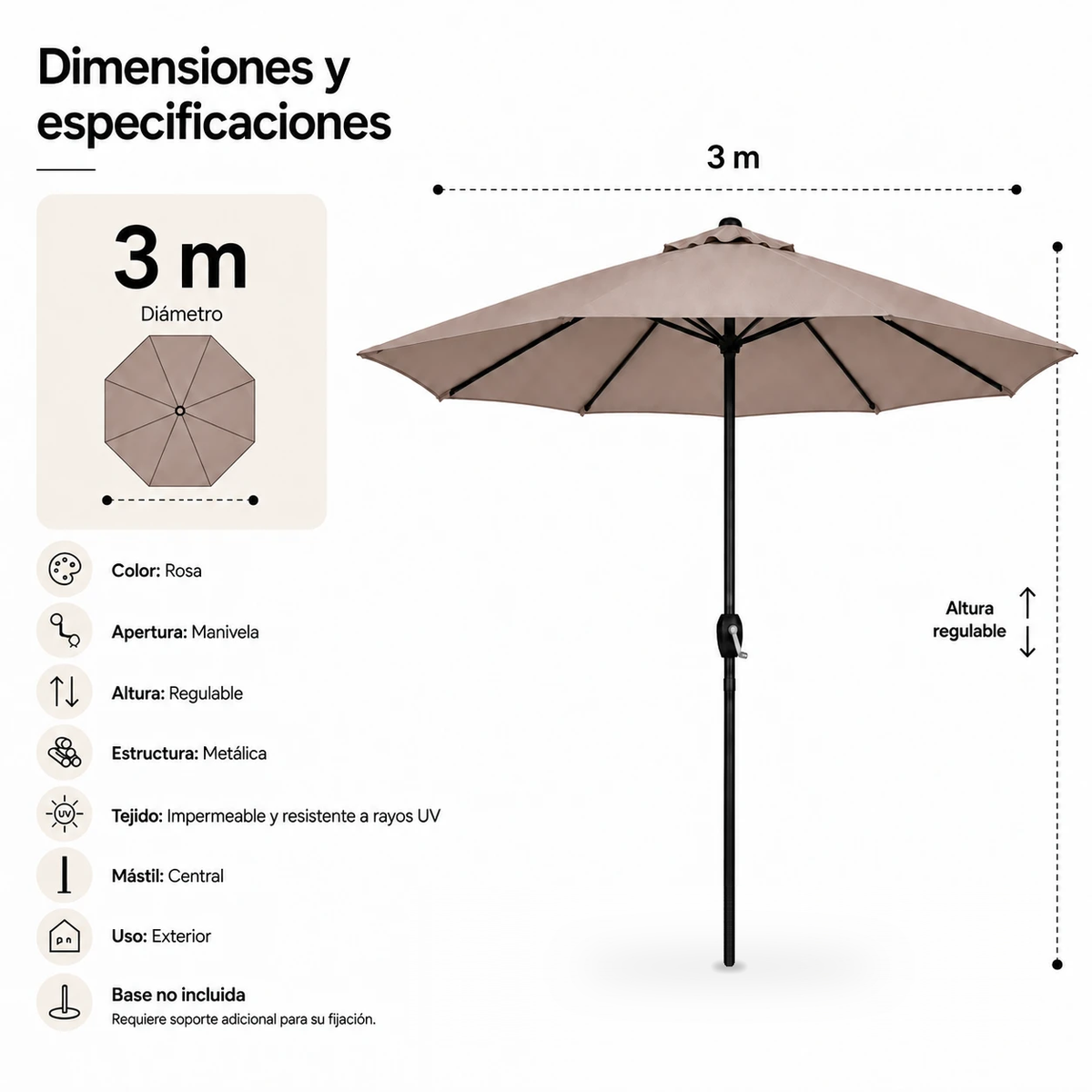 Sombrilla 3 metros De Jardín Regulable Protección UV