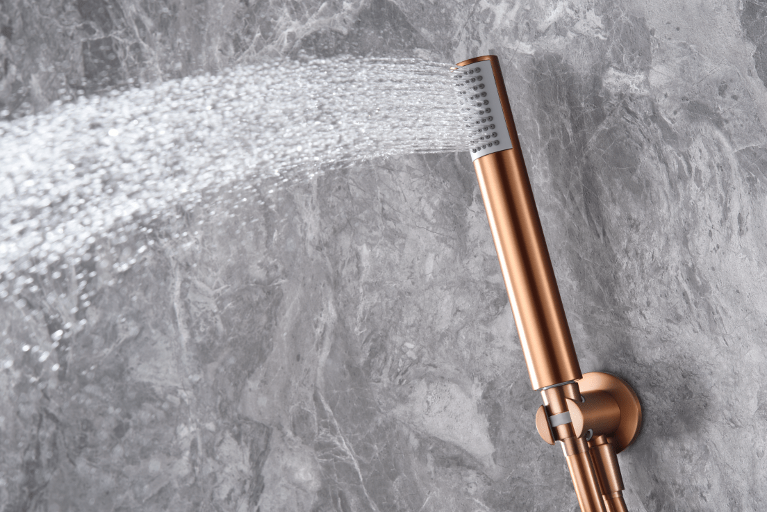 Imex - Conjunto ducha monomando empotrado Olimpo oro rosa cepillado - BricoandPool