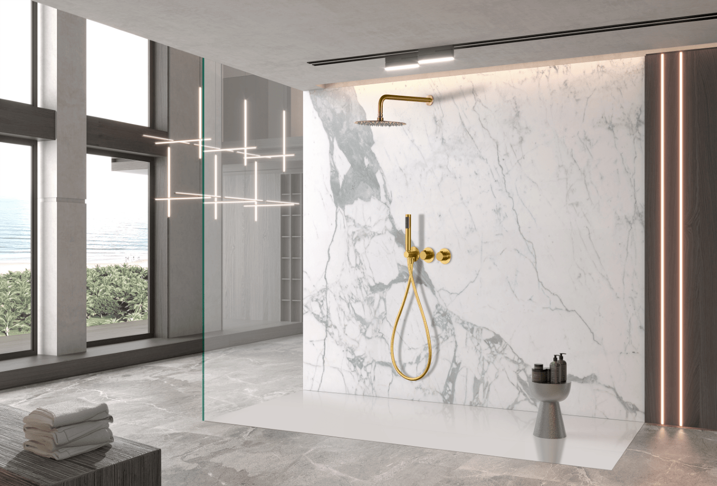 Imex - Conjunto ducha termostático empotrado Assen oro cepillado - BricoandPool