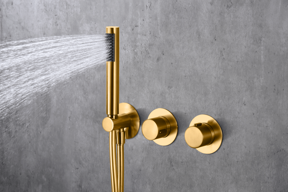 Imex - Conjunto ducha termostático empotrado Assen oro cepillado - BricoandPool