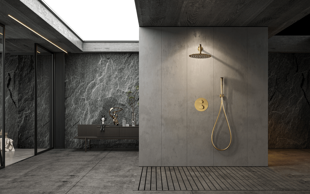Imex - Conjunto ducha termostático empotrado Nápoles oro cepillado - BricoandPool