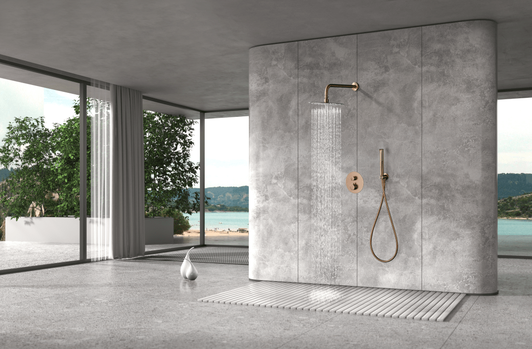 Imex - Conjunto ducha termostático empotrado Nápoles oro rosa cepillado - BricoandPool