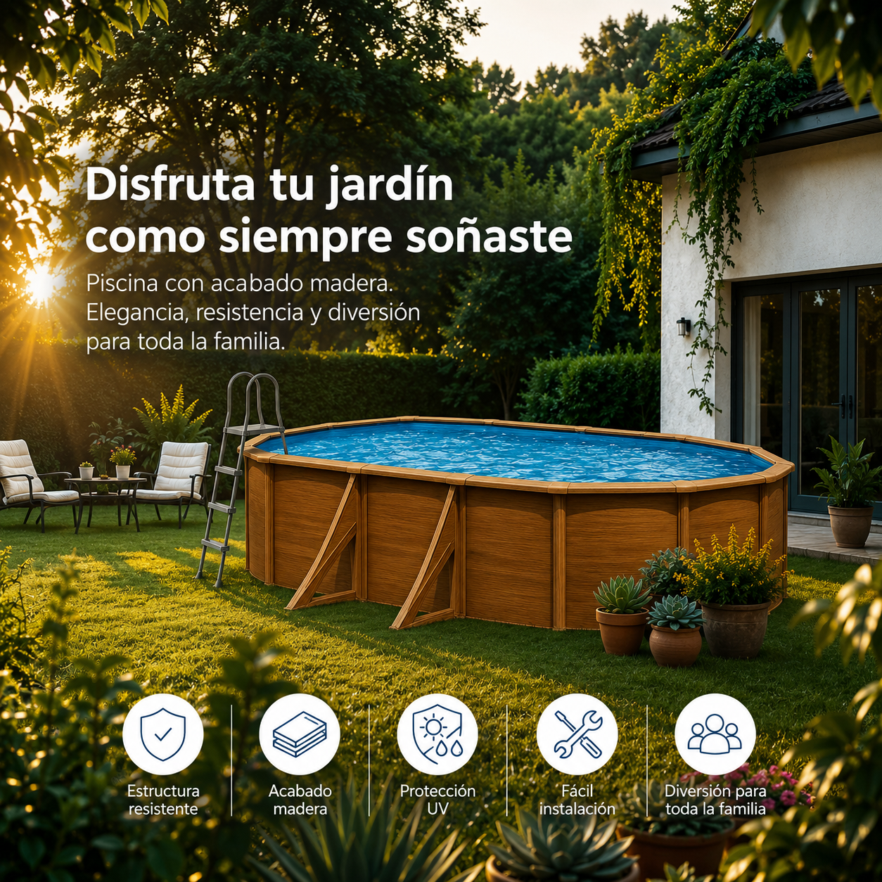 Piscina Elevada Gre Wet Ovalada Imitación Madera