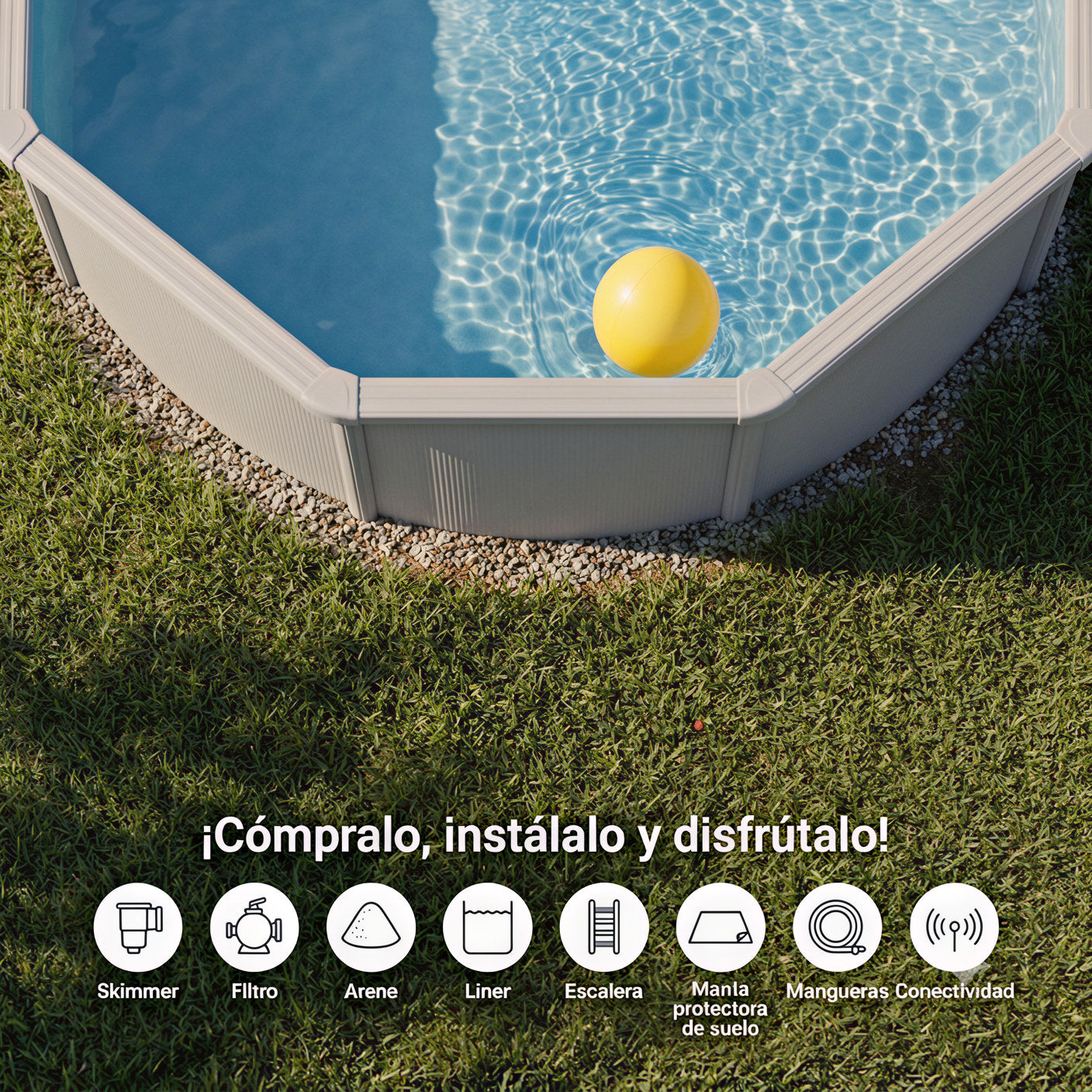 Piscina elevada Gre Wet circular chapa blanca depuradora