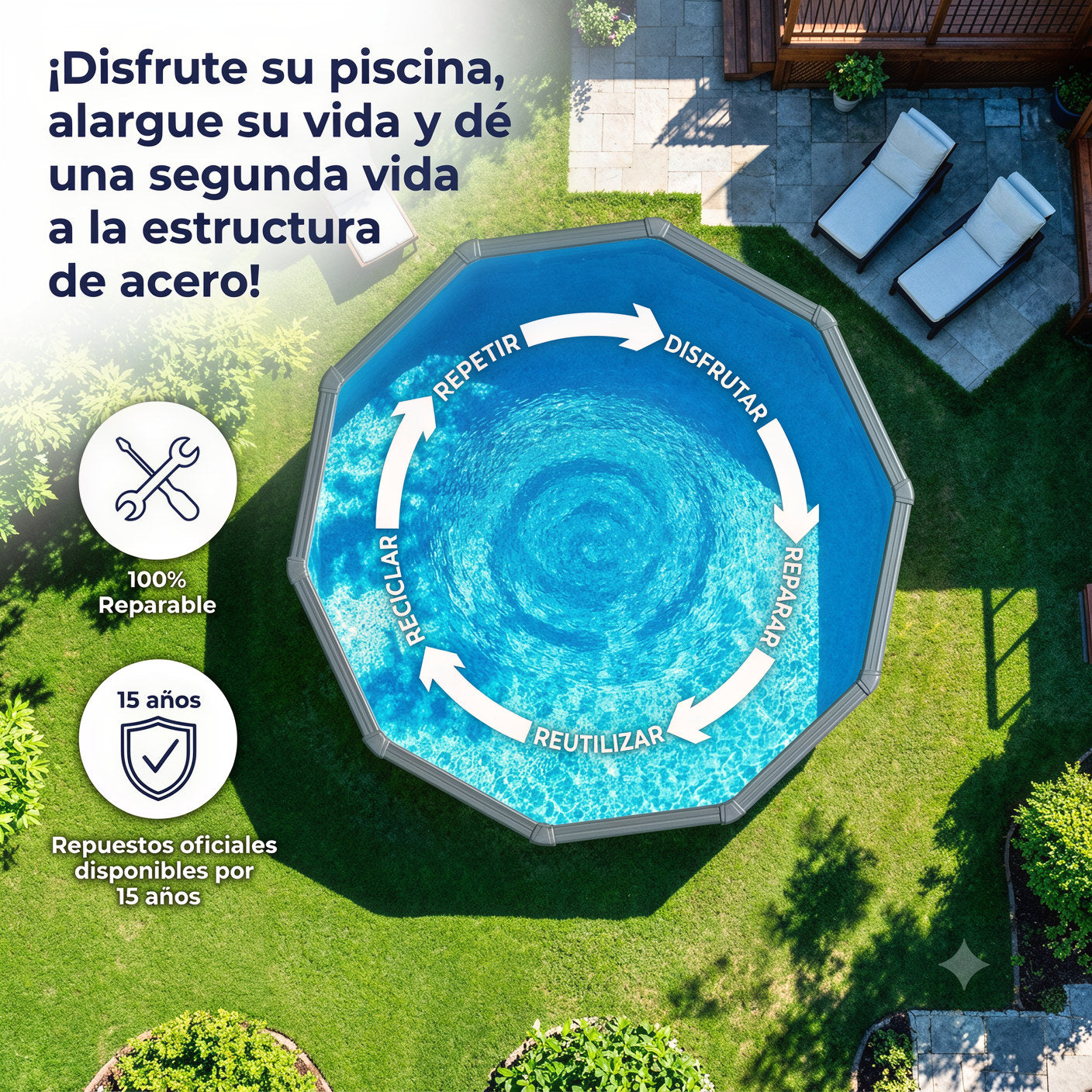 Piscina elevada Gre Wet circular chapa blanca depuradora