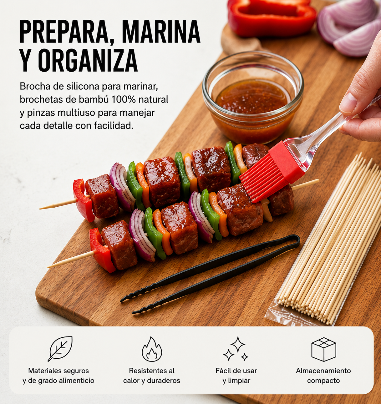 Conjunto BBQ profissional 5 peças em aço inoxidável com utensílios resistentes e cabos de silicone para churrasqueira